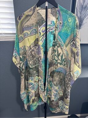 Chico's Multicolor Swirl Printed Kimono - Teal, Purple, Green, Cream